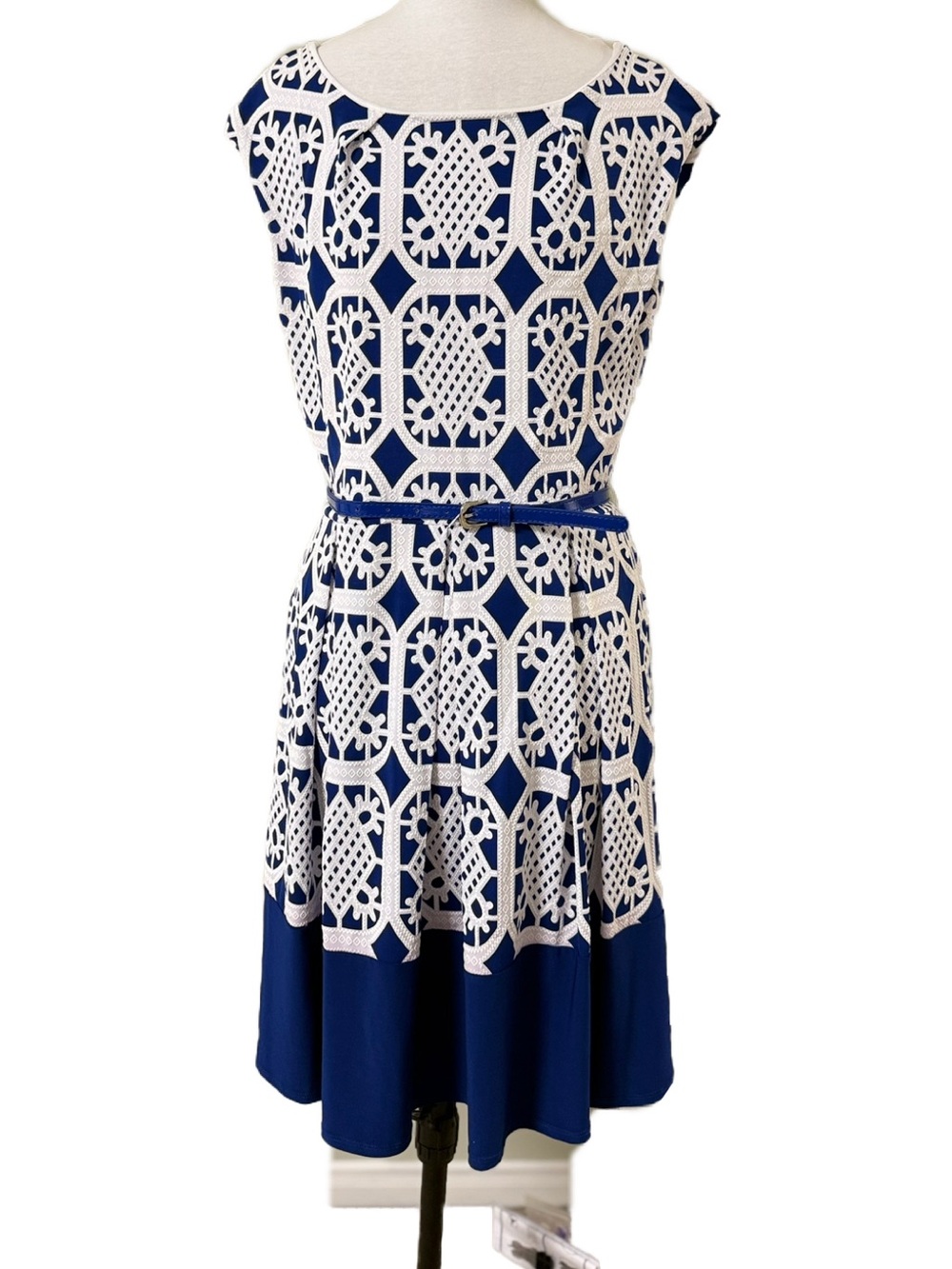 Tiana B. Navy and White Geometric Midi Dress